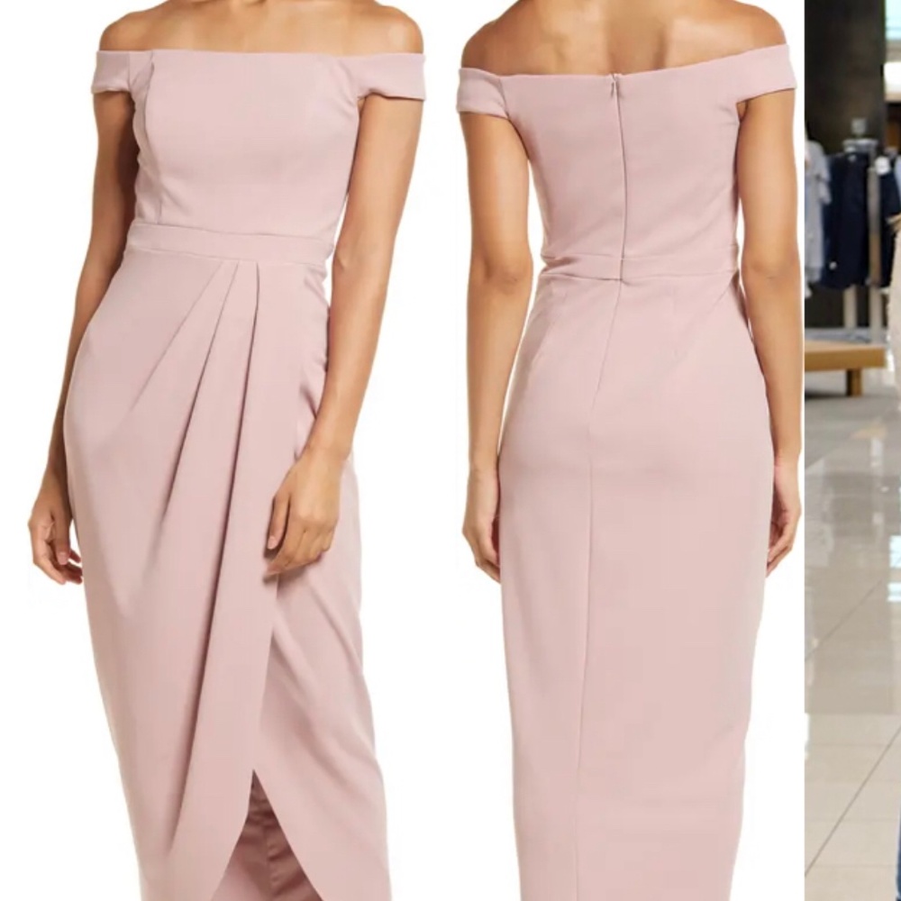 Off the Shoulder Wrap Front Scuba Crepe Gown